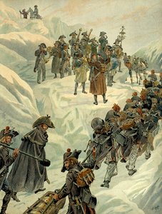 Italiensk kampagne (1799-1800): passage af Saint Bernard passet ind i Alperne af Napoleon I Bonapartes hær (1769-1821) den 20. maj 1800. Illustration af Jacques Marie Gaston Onfray de Breville dit JOB (1858-1931). Privat samling af pseudonym for Onfray de Breville Jacques Job