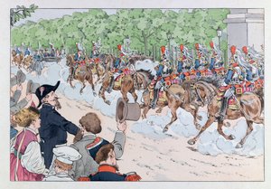 Jacques Marie Gaston Onfray de Breville dit JOB (1858 - 1931); Illustration fra bogen "Les epees de France": Eskorte af kejser Napoleon 3 på Champs Elysees; Coll, del af pseudonym for Onfray de Breville Jacques Job