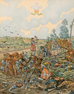 Jacques Marie Gaston Onfroy de Breville dit JOB (1858-1931) - Belgiens historie: John 1, greve af Luxembourg dit l Blind (1296 - 1346) falder i slaget ved Crecy den 26. august 1346, privat samling af pseudonym for Onfray de Breville Jacques Job