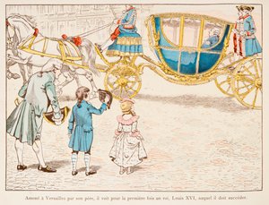 Jacques Marie Gaston Onfroy de Breville dit JOB (1858-1931) - Napoleon Bonaparte bragt til Versailles af sin far ser kong Louis XVI i Carossus for første gang i 1770, privat samling af pseudonym for Onfray de Breville Jacques Job