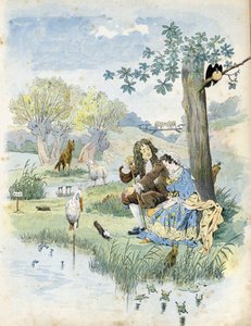 Jean de La Fontaine (Lafontaine) (1621-1695) taler med en ung pige. Omkring dem er dyr til stede i digterens fabler: ulv, lam, stork, skildpadde, rotte, frø, hare, ræv, ravn... i "" Frankrig, hans historie fortalt af G. Montorgueil, imagee af Job" ” 1896.  af pseudonym for Onfray de Breville Jacques Job