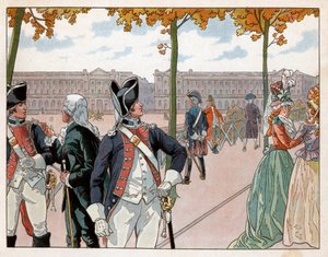Joachim Murat (1767-1815) og Bessieres i Paris i 1791 iført kostume af kongens forfatningsgarde. Gravering af Jacques Marie Gaston Onfray de Breville dit Job (1858-1931) af pseudonym for Onfray de Breville Jacques Job