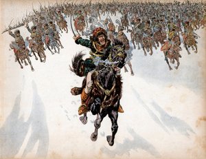 Joachim Murat (1767-1815) i spidsen for kavaleriet i slaget ved Eylau den 8. februar