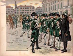Joachim Murat (1767-1815) sluttede sig til Ardennernes Jægerregiment i 1787. Gravering af Jacques Marie Gaston Onfray de Breville dit Job (1858-1931) af pseudonym for Onfray de Breville Jacques Job