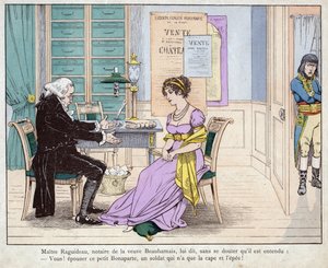 Josephine og notaren - Maitre Raguideau, notar for enken Beauharnais, sagde til ham: Du! gift med denne lille Bonaparte - Mester Raguidea og Josephine - (Du! Gift dig med denne lille Bonaparte) - litografi af Job (Jacques Onfroy de Breville) fra "" Le Gran af pseudonym for Onfray de Breville Jacques Job