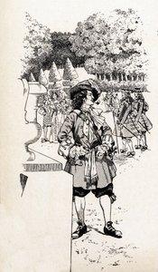 Kong Ludvig XIV af Frankrig kaldte kong Soleil (1638-1715) med sine hofmænd i Versailles haver. Illustration af Job (Jacques Marie Gaston Onfray og Breville) (Jacques-Marie) (1858-1931) til bogen "De store historiske ord i landet Frankrig" af pseudonym for Onfray de Breville Jacques Job