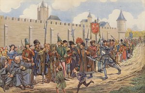 Louis XI rejste en hær fra borgerne i Paris (farve litho) af pseudonym for Onfray de Breville Jacques Job