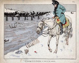 Napoleon ser resterne af sin Grand Armee krydse floden Berezina på tilbagetoget fra Moskva af pseudonym for Onfray de Breville Jacques Job