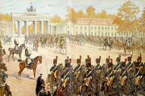 Den 27. oktober 1806 gik Napoleon I Bonaparte (1769-1821) og hans hær ind i Berlin. I "" Napoleon"" af Georges Montorgueil. Illustration af Jacques Marie Gaston Onfray de Breville dit JOB (1858-1931) af pseudonym for Onfray de Breville Jacques Job