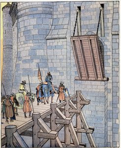 Åbn op, det er Frankrigs formue! (eller "Åben, det er den ulykkelige konge af Frankrig! "") Ord fra kongen af Frankrig Philip VI dit Philippe de Valois (1293-1350) ankommer foran Levis-broen ved Chateau de Broye nær Crecy. Han blev såret i Battl af pseudonym for Onfray de Breville Jacques Job
