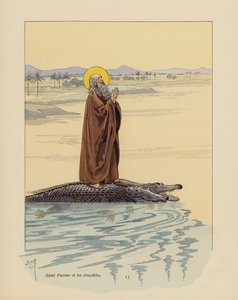 Sankt Pachomius og krokodillerne (farvelitografi) af pseudonym for Onfray de Breville Jacques Job