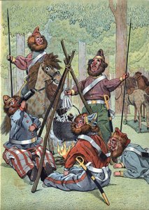Scene fra Frankrigs historie i legetøj: Efter episoden af Ruslands tilbagetog under Napoleonskrigen (1812) opsatte kosakkerne deres bivuak på Champs Elysees i Paris i 1814. I "" Joujoux a l