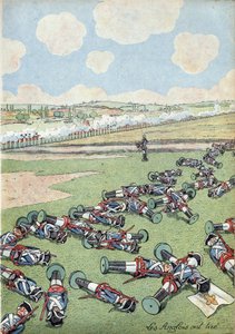 Scene fra Frankrigs historie i legetøj: Østrigs arvefølgekrig (1740-1748). Trop af infanterister fra den franske hær dræbt af englænderne i slaget ved Fontenoy den 11. maj 1745. I "" Joujoux a l