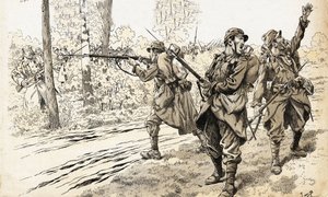 Skyd dem! Franske soldater fra 1914-1918-krigen sendt på patrulje for at erkende fjendens styrke og nøjagtige placering. Efter at have fundet de tyske tropper gav de ordre til at skyde uden at bekymre sig om at blive fanget mellem brandene. Illustration af af pseudonym for Onfray de Breville Jacques Job