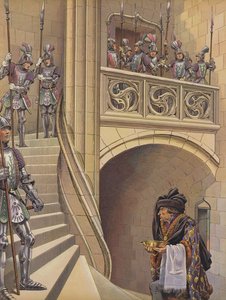 Barberen klatrede op ad trappen mod kongens kammer forbi de talrige bevæbnede vagter (farve litho) af pseudonym for Onfray de Breville Jacques Job