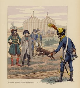 Hunden Moustache præsenteret for Napoleon (farvelitografi) af pseudonym for Onfray de Breville Jacques Job
