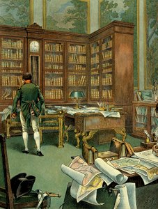 Arbejderskab af Napoleon I Bonaparte (1769-1821) på første sal i Palais des Tuileries, mens han var førstekonsul. Skrivebord med bibliotek og ur bygget i træ. Illustration af Jacques Marie Gaston Onfray de Breville dit JOB (1858-1931). Private Co af pseudonym for Onfray de Breville Jacques Job