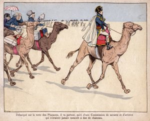 Napoleon debarque sur la terre des Pharaohs - NAPOLEON IN EGYPT - During his Egyptian campaign, he is accompanied by savants with whom he visits the archeological sites - lithograph by Jobdani