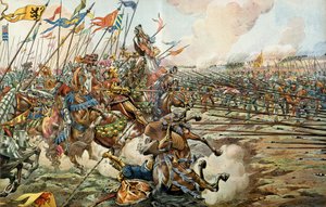 The Battle of Grandson between the Burgundians and the Swiss at Grandson, Switzerland on March 2, 1476. Illustration by Jacques Marie Gaston Onfray de Breville dit JOBdani