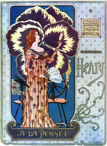 Art Nouveau: reklameplakat for kosmetikbutikken "Henry a la Thought" i Paris. En ung kvinde beundrer sig selv i et spejl, bag hende en tankeblomst. Illustration af L. Trianon af pseudonym of Trinquier Louis Trinquier Trianon