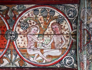 Adam og Eva i Edens have, dekoration fra Al Stavkirke, Norge (fresco)