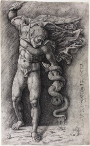 Faun angriber en slange af school of Andrea Mantegna