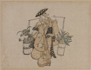En skønhed, der bærer to spande blomster af style of Torii Kiyomasu