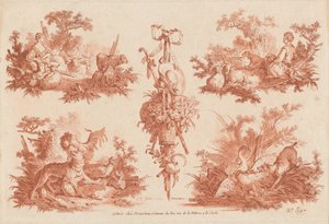 To pastorale vignetter, to jagtvignetter og et trofæ af the Elder and Jean Baptiste Hüet Gilles Demarteau