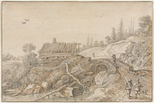 Bakket landskab med hytte ved siden af en å, 1627. af van de Velde Esaias