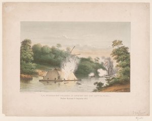 Z.M. Dampskib Celebes i kamp med en kotta-mara. Poeloe Kanamit, 6. august 1859 (titel på objekt) af weduwe Elias Spanier and Zn