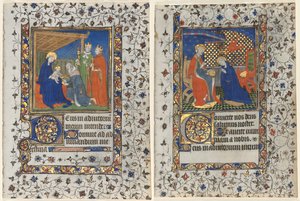 Bifolio fra en timebog: Tilbedelse af magi og kroning af jomfruen