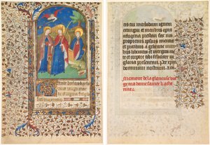 Blad fra en timebog: Sts. Geneviève, Catherine af Alexandria, og Margaret (rekto) og tekst (verso)