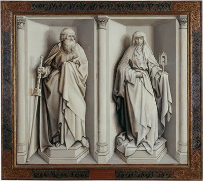 ""Jomfruens bryllup"" Verso-maleri på træ af Robert Campin, kendt som Mesteren af ​​Flemalle (1375-1444) 1420 Dim. 0,77x0,88 m Madrid, Prado-museet --- Jomfruens bryllup. Maleri på træ af Robert Campin kendt som Mesteren af ​​Flemalle (1375- af Master of Flémalle