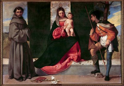 Jomfruen og barnet mellem Sankt Antonius af Padova (san antonio di padova) og Sankt Roch Maleri af Giorgio Barbarelli da Castelfranco dit Giorgione (1477-1510). 16. århundrede søn. 0,92x1,33 m Madrid, Prado Museum af Giorgione