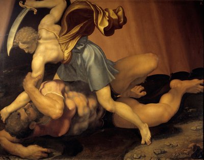 David og Goliat Maleri på dobbeltsidet skifer af Daniele de Volterra (1509-1566) af Daniele da  Volterra