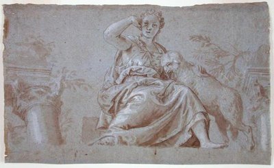 Sagtmodighed (pen og brun vask og kropsfarve på blåt papir) af Veronese