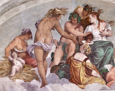 Allegorier om sommer og efterår (Bacchus og Ceres), Northern Wall, lunette over døren til haven, Hall of Olympus af Veronese