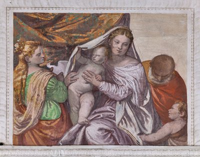 Madonna med spædbarnet Jesus og St. Catherine tilbyder en due til Jesus, den sydlige væg i værelset til den lille hund, detalje af 2632659 af Veronese
