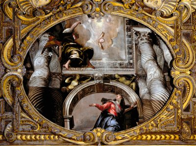 Bebudelse. Maleri af Paolo Caliari kaldet Paolo Veronese (1528-1588), efter 1568. Olie på lærred. Mål: 340x455 cm. Venedig, SS-basilikaen. Giovanni e Paolo (San Zanipolo), rosenkransens kapel. Venedig (Basilica of Saints Giovanni and Paolo (San Zanipo af Veronese