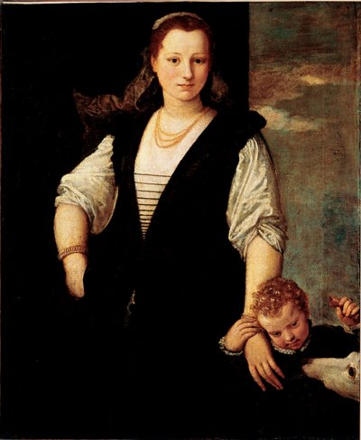 Portræt af en kvinde med et barn og en hund (Francesco Bevilacquas børn?) Maleri af Paolo Veronese Caliari (1528-1588) 1500-tallet søn. 115x95 cm Paris, Musée du Louvre af Veronese