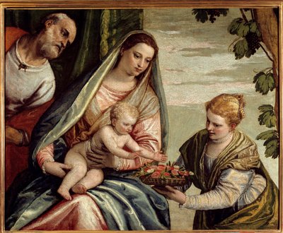Den hellige familie med en donor (Saint Dorothee) Maleri af Paolo Veronese (1528-1588) 1500-tallet søn. 0,76x0,94 m Bordeaux, Musee des Beaux Arts - Den hellige familie med en donor (Saint-Dorothea). Maleri af Veronese (Paolo Caliari) (1528-1588) af Veronese