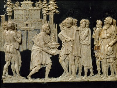 Præsentation til Francesco I af modelfontæne i Pratolino, af Jean de Boulogne aka Giambologna (1529-1608), voksflise af Giambologna