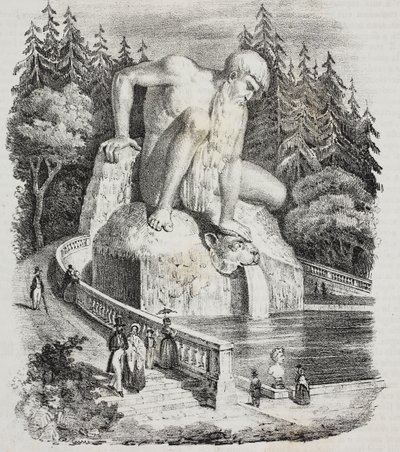Colossus of Appennines (af Giambologna) i parken ved Villa Demidoff (Villa Medicea of ​​Pratolino), Vaglia, Toscana, Italien, litografi af Giovanni Mariani fra Poliorama Pittoresco, n 10, 15. oktober af Giambologna