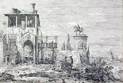 Landskab med et ridemonument (gravering) af Canaletto