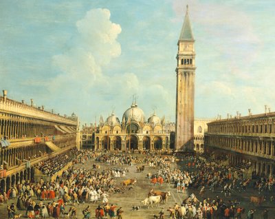 Tyrefægtning eller Tyrejagt på Piazza San Marco, af Giovanni Antonio Canal (1697-1768) og af Giovanni Battista Cimaroli (1687-efter 1753), olie på lærred, 99x145 cm af Canaletto