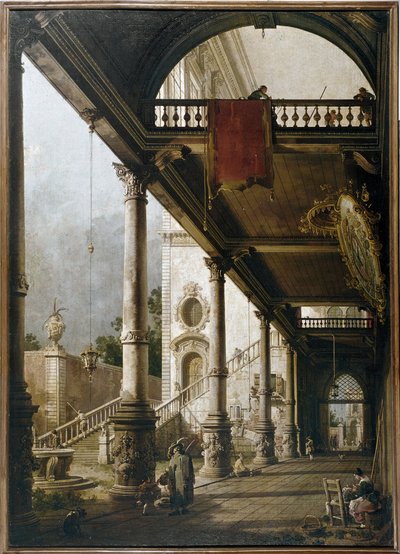 Capriccio med søjlegang og gårdhave (olie på lærred af Canaletto
