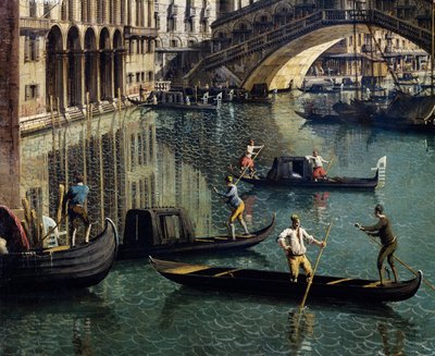 Rialtobroen i Venedig, detalje (olie på lærred) af Canaletto