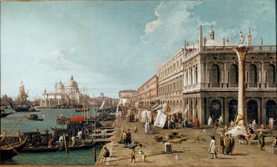 Udsigt over Molo, Biblioteca Marciana og St. Theodore-søjlen, Venedig af Canaletto