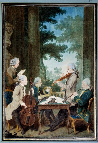 Gentlemen Duport, Vachon, Rodolphe, Provers og Vernier Portræt af en gruppe musikere under en koncert. Akvarel af Louis Carrogis (1717-1806) dit Carmontelle. 1700-tallet søn. 0,34x0,23 m Chantilly, museumskonde af Carmontelle