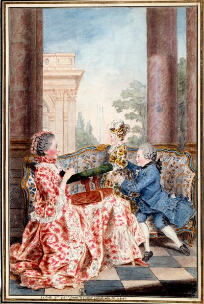 La belle Madame Caze, kone til bondegeneralen og hendes børn Akvarel af Louis Carrogis (1717-1806) dit Carmontelle. 1700-tallet søn. 0,32x0,21 m Chantilly, musee conde af Carmontelle